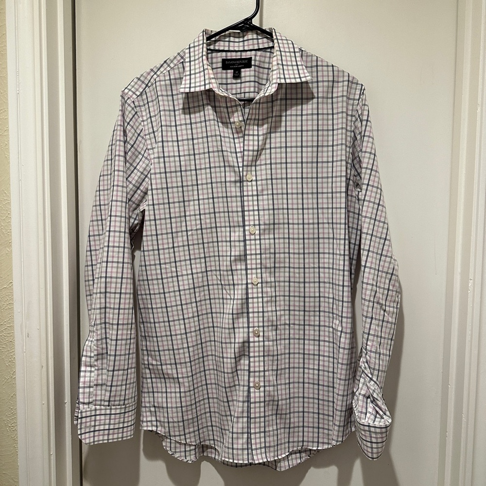Banana Republic Men’s White Checkered Print Long Sleeve Button Down Dress Shirt